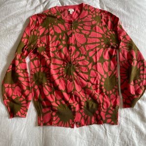 J. Crew cotton cardigan pink salmon olive print